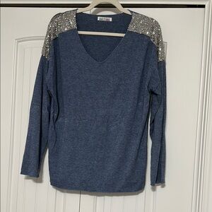 Blue Sweater with Silver Sequin Shoulders